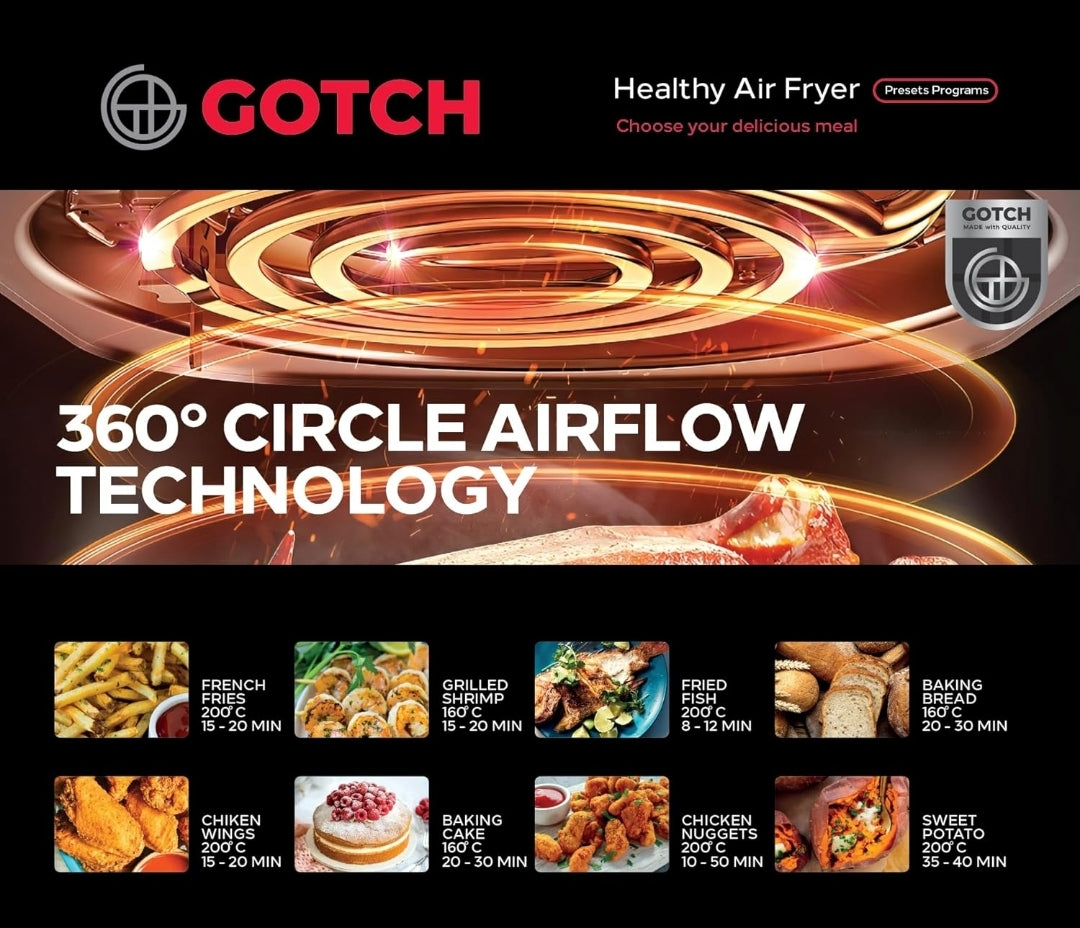 جوتش قلاية هوائية ١٤٠٠ واط، ٧ لتر، تحكم كامل باللمس، تحكم بالوقت و الحرارة، شاشة عرض رقمية، برنامج معدة مسبقاً للطهي، تقنية دوران الهواء الساخن 360 درجة، لون اسود