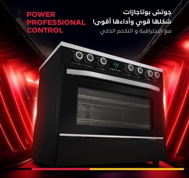 بوتاجاز جوتش 60*90 سم، 5 شعلة نحاس، أمان كامل حوامل، أواني زهر، شاشة تاتش ديجيتال، لون أسود