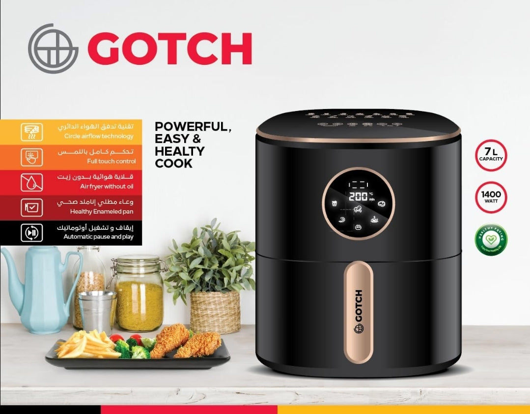 جوتش قلاية هوائية ١٤٠٠ واط، ٧ لتر، تحكم كامل باللمس، تحكم بالوقت و الحرارة، شاشة عرض رقمية، برنامج معدة مسبقاً للطهي، تقنية دوران الهواء الساخن 360 درجة، لون اسود